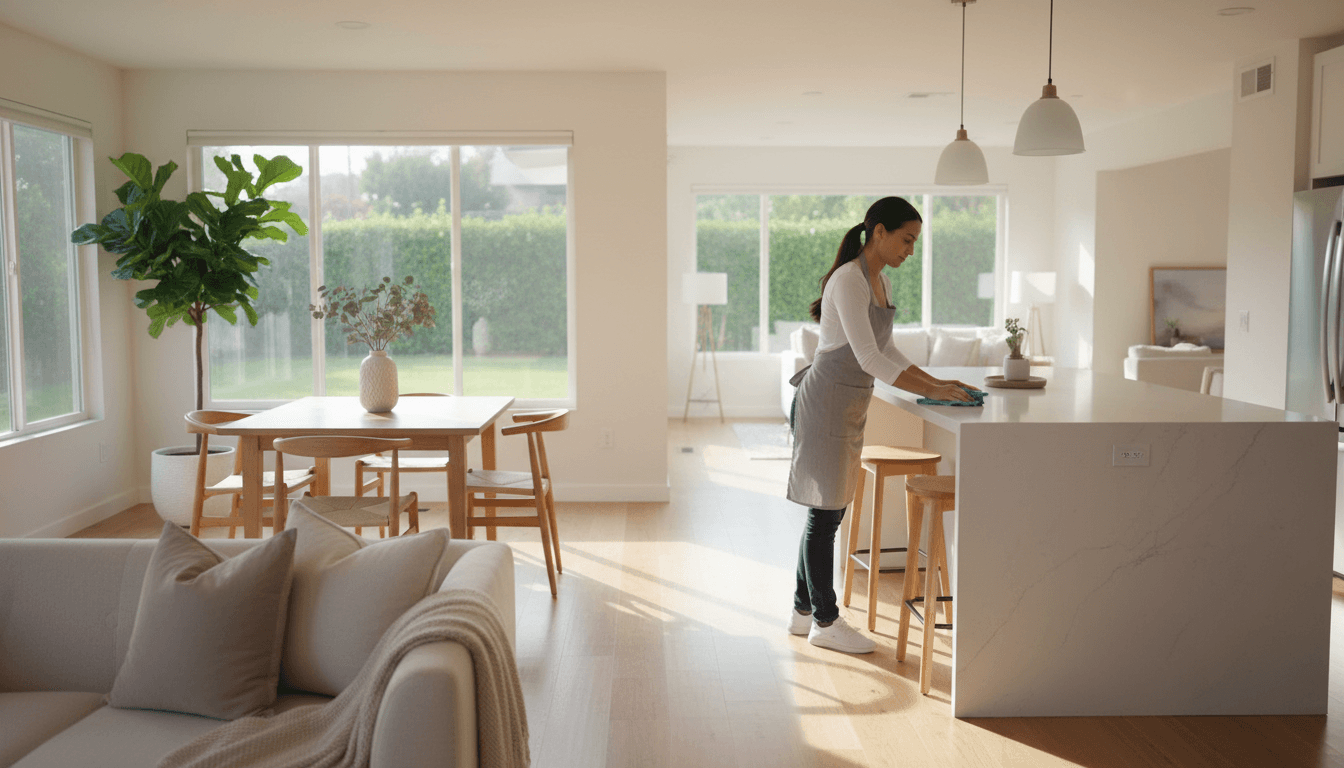 Bright, clean Bay Park home interior with professional cleaner tending to kitchen surfaces