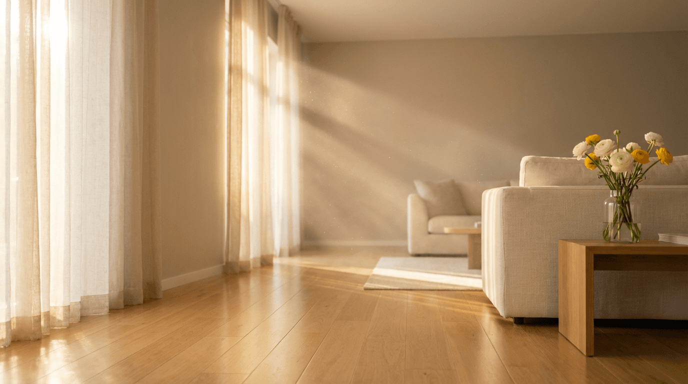 Bright, clean Bay Park home interior with morning light and organized living space