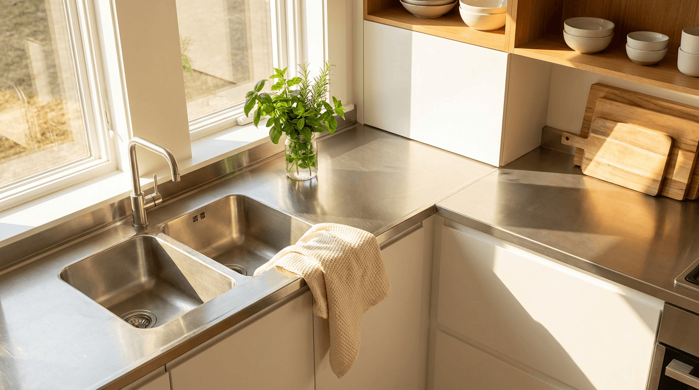 A bright, clean modern kitchen with organized countertops and gleaming appliances, ready for guests or relaxation